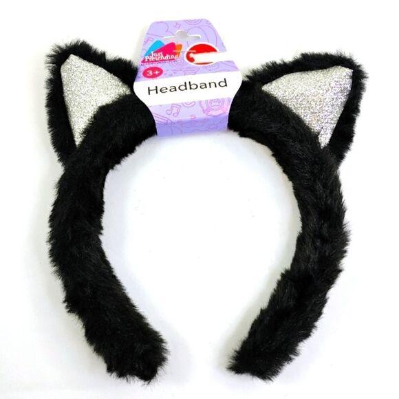 Cat ears Headband Black faux fur with Silver Glitter Ears Cosplay - Picture 1 of 11